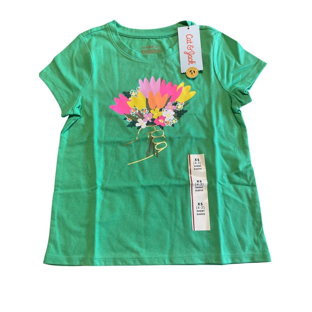 NWT Cat and Jack Short Sleeve Green Tee With Bouquet Print Size XS (4-5)
